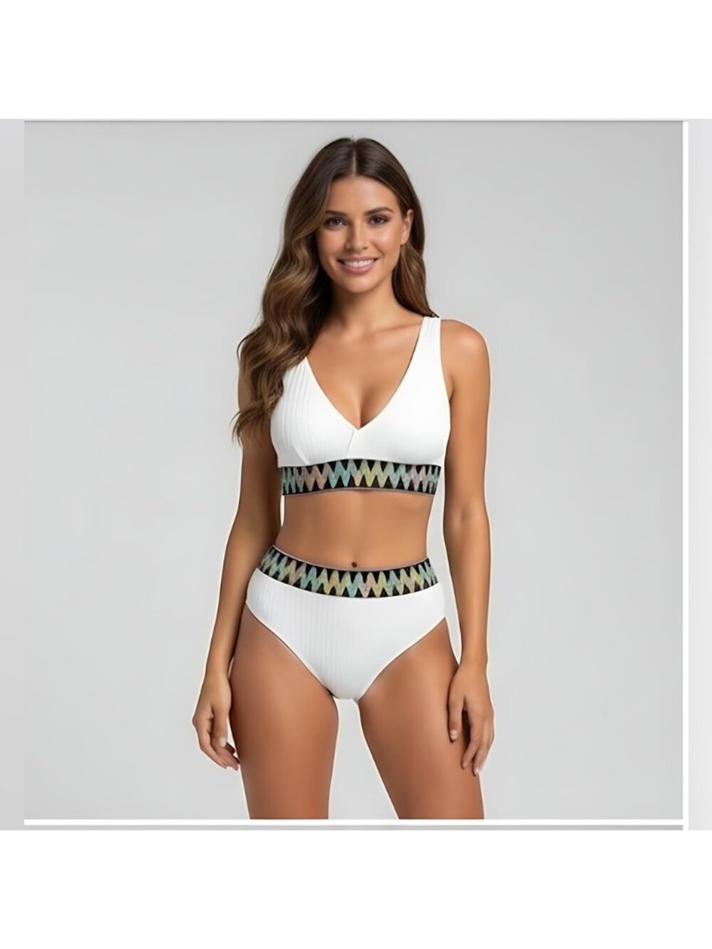 White Chevron Trim High Waisted Bikini Set - Ribbed V-Neck Two-Piece